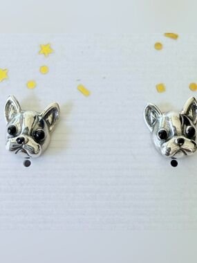 liberty Silver French Bulldog Head Stud Earrings with Black Eyes
